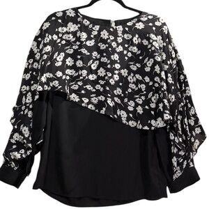 Black White Floral Chiffon Blouse Women Large Layered Cape Sleeve Dressy Top